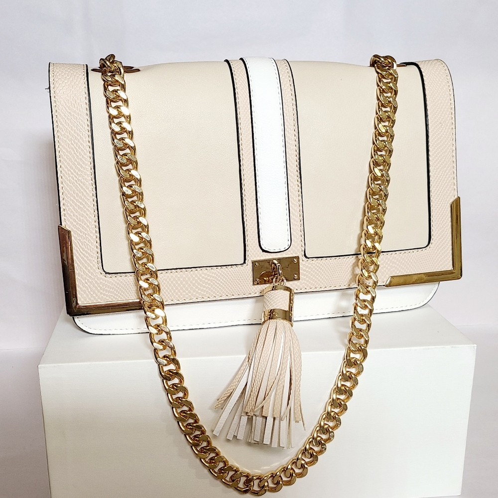 Cream and White Faux Leather Aldo Bag